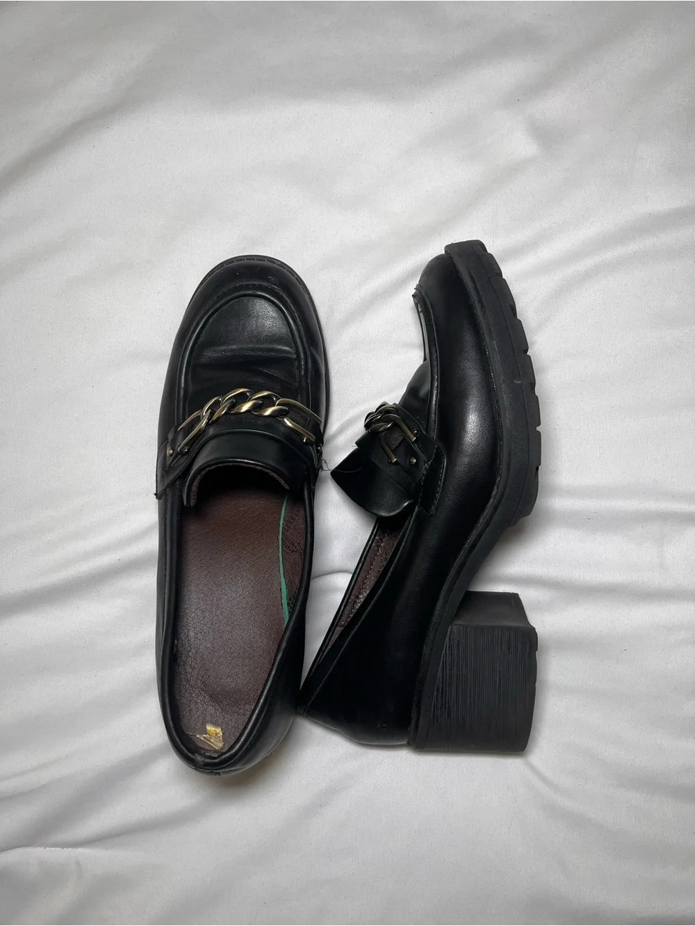 Black Leather Loafers with Gold Chain Accent